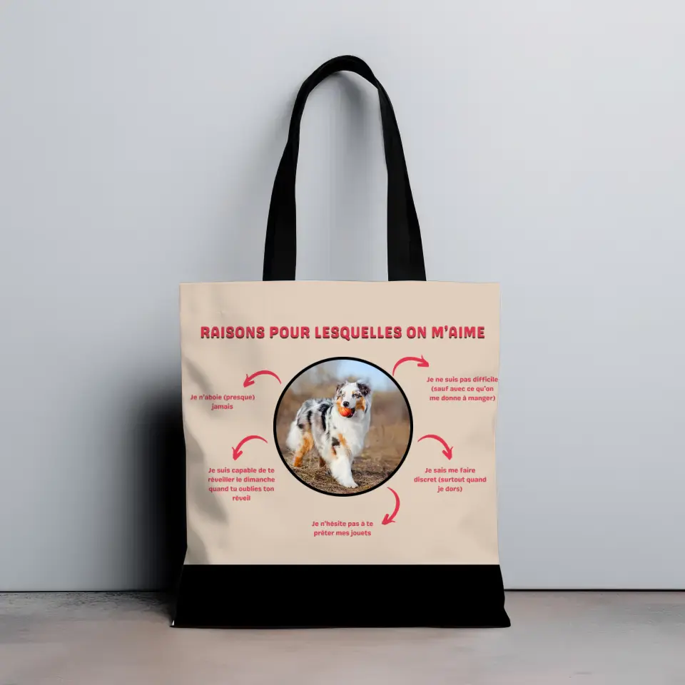 Les raisons pour lesquelles on m'aime version chien - Totebag Personnalisé